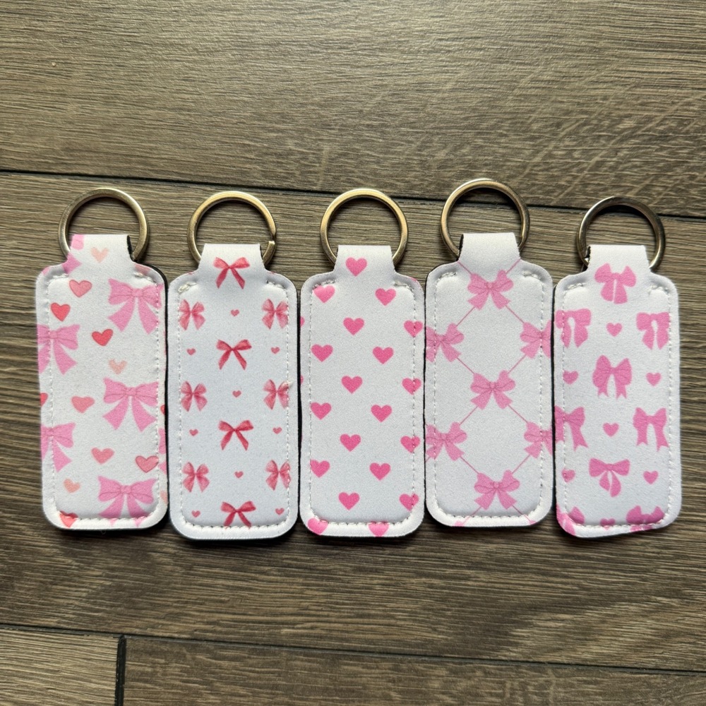 Set of 5 Pink Bow Heart Chapstick Holder Keychain Neoprene Coquette Lip‎ Balm